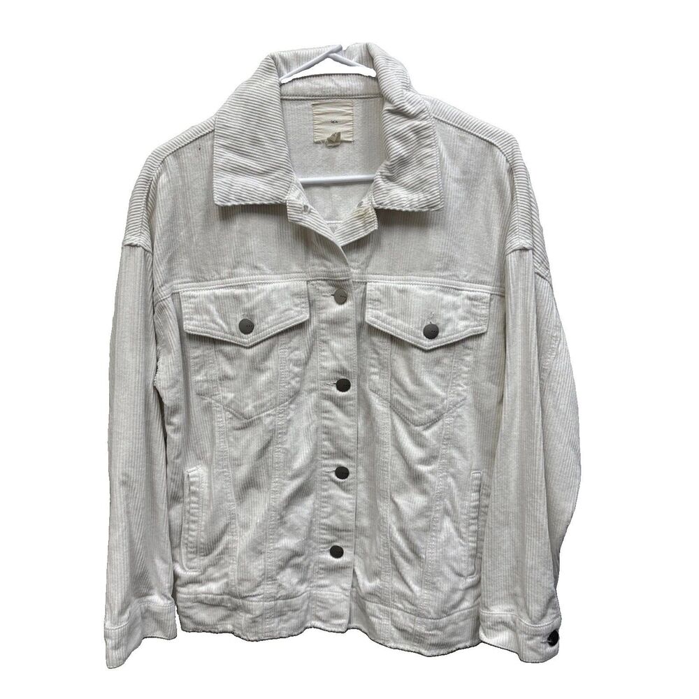 TGLA Corduroy Trucker Jacket Women White Raw Hem Cropped S Pockets Button Up